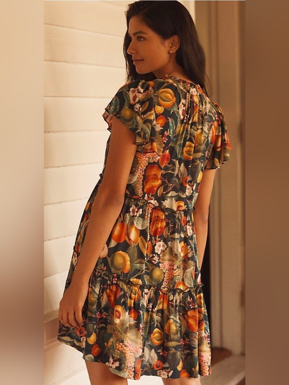 Anthropologie Floral & Fruit Tiered Mini Dress - Picture 2 of 3